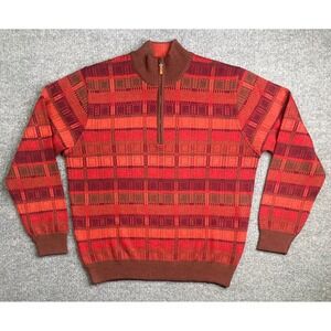 Dalmine Sweater Mens 52 Red Brown Plaid Merino Wool 1/4 Zip Made‎ in Italy